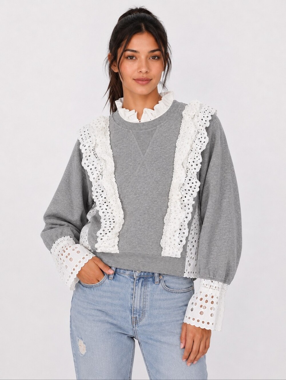 Sea NY Zane Eyelet Combo Sweater Grey White Size S